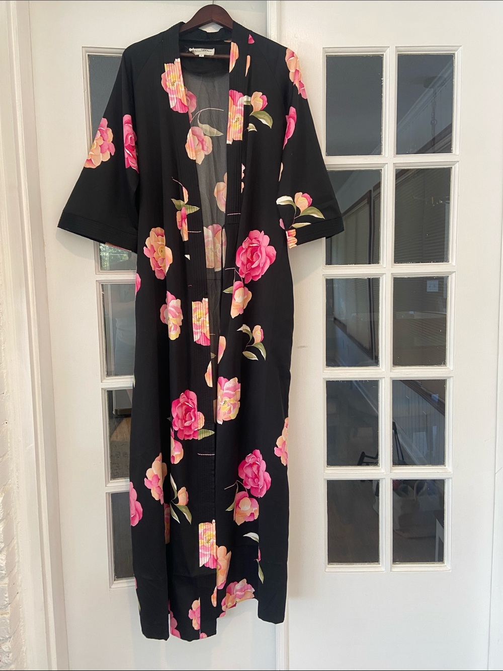 Vintage Christian Dior Black Floral Kimono Style Robe with Pink and Peach Roses